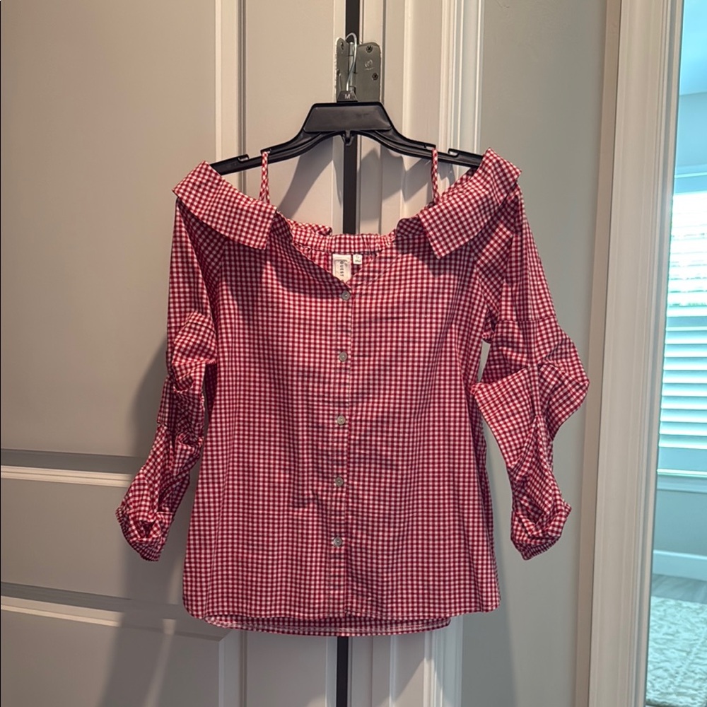 Chic Red and White 3/4 Sleeve Off-Shoulder Blouse